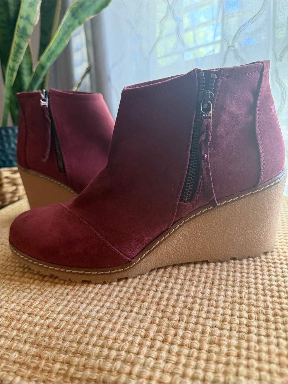 Toms Wine Suede Wedge Ankle Booties